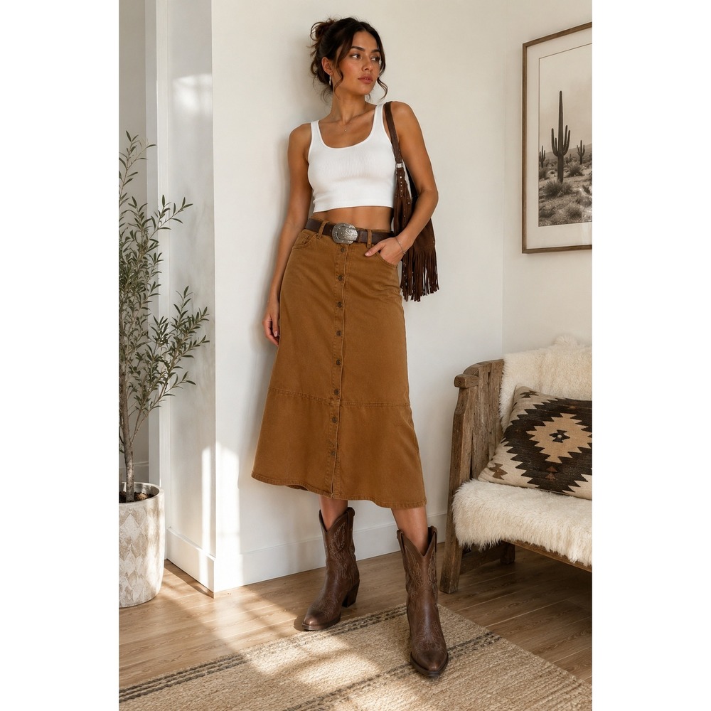 Vintage Faux Suede Button Front Midi Skirt Camel Brown Western Boho A-Line 32in